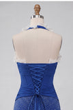 Dark Blue Halter Beaded Corset Bodycon Ruched Cocktail Dress with Lace Up Back
