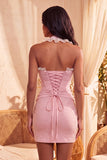 Dark Blue Halter Beaded Corset Bodycon Ruched Cocktail Dress with Lace Up Back
