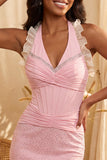Dark Blue Halter Beaded Corset Bodycon Ruched Cocktail Dress with Lace Up Back
