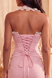 Dark Blue Halter Beaded Corset Bodycon Ruched Cocktail Dress with Lace Up Back
