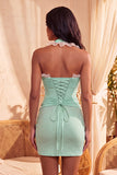 Dark Blue Halter Beaded Corset Bodycon Ruched Cocktail Dress with Lace Up Back