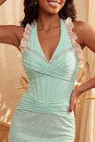 Dark Blue Halter Beaded Corset Bodycon Ruched Cocktail Dress with Lace Up Back