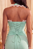 Dark Blue Halter Beaded Corset Bodycon Ruched Cocktail Dress with Lace Up Back