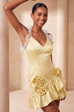 Purple Halter Ruffled Bodycon Mini Cocktail Dress with 3D Flowers