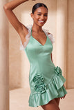 Purple Halter Ruffled Bodycon Mini Cocktail Dress with 3D Flowers