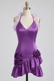 Purple Halter Ruffled Bodycon Mini Cocktail Dress with 3D Flowers