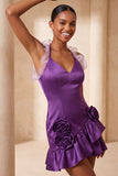 Purple Halter Ruffled Bodycon Mini Cocktail Dress with 3D Flowers