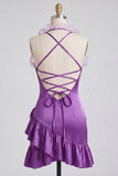 Purple Halter Ruffled Bodycon Mini Cocktail Dress with 3D Flowers