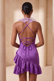 Purple Halter Ruffled Bodycon Mini Cocktail Dress with 3D Flowers