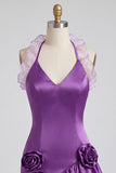 Purple Halter Ruffled Bodycon Mini Cocktail Dress with 3D Flowers