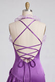 Purple Halter Ruffled Bodycon Mini Cocktail Dress with 3D Flowers
