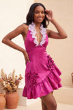 Halter Ruffled Lake Blue Bodycon Lace Up Back Cocktail Dress with 3D Flowers