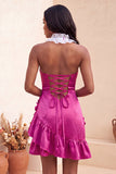 Halter Ruffled Lake Blue Bodycon Lace Up Back Cocktail Dress with 3D Flowers