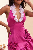 Halter Ruffled Lake Blue Bodycon Lace Up Back Cocktail Dress with 3D Flowers