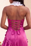 Halter Ruffled Lake Blue Bodycon Lace Up Back Cocktail Dress with 3D Flowers
