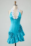 Halter Ruffled Lake Blue Bodycon Lace Up Back Cocktail Dress with 3D Flowers