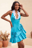 Halter Ruffled Lake Blue Bodycon Lace Up Back Cocktail Dress with 3D Flowers