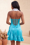Halter Ruffled Lake Blue Bodycon Lace Up Back Cocktail Dress with 3D Flowers