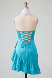 Halter Ruffled Lake Blue Bodycon Lace Up Back Cocktail Dress with 3D Flowers