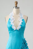 Halter Ruffled Lake Blue Bodycon Lace Up Back Cocktail Dress with 3D Flowers