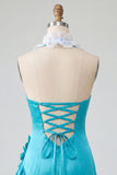 Halter Ruffled Lake Blue Bodycon Lace Up Back Cocktail Dress with 3D Flowers