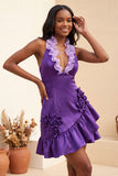 Halter Ruffled Lake Blue Bodycon Lace Up Back Cocktail Dress with 3D Flowers