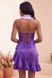 Halter Ruffled Lake Blue Bodycon Lace Up Back Cocktail Dress with 3D Flowers