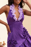 Halter Ruffled Lake Blue Bodycon Lace Up Back Cocktail Dress with 3D Flowers
