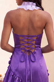 Halter Ruffled Lake Blue Bodycon Lace Up Back Cocktail Dress with 3D Flowers