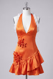 Orange Halter 3D Flowers Bodycon Ruffled Cocktail Dress with Lace Up Back