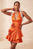 Orange Halter 3D Flowers Bodycon Ruffled Cocktail Dress with Lace Up Back