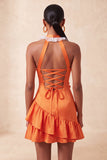 Orange Halter 3D Flowers Bodycon Ruffled Cocktail Dress with Lace Up Back