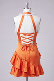 Orange Halter 3D Flowers Bodycon Ruffled Cocktail Dress with Lace Up Back