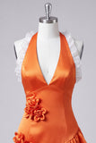 Orange Halter 3D Flowers Bodycon Ruffled Cocktail Dress with Lace Up Back
