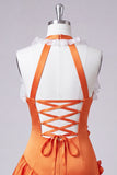 Orange Halter 3D Flowers Bodycon Ruffled Cocktail Dress with Lace Up Back