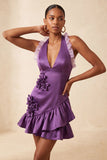Orange Halter 3D Flowers Bodycon Ruffled Cocktail Dress with Lace Up Back
