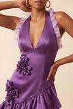 Orange Halter 3D Flowers Bodycon Ruffled Cocktail Dress with Lace Up Back
