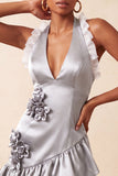 Orange Halter 3D Flowers Bodycon Ruffled Cocktail Dress with Lace Up Back