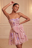 Strapless Sage Green A-Line Embroidered Pearl Party Dress with Bow