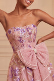 Strapless Sage Green A-Line Embroidered Pearl Party Dress with Bow