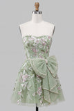 Strapless Sage Green A-Line Embroidered Pearl Party Dress with Bow