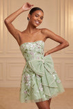 Strapless Sage Green A-Line Embroidered Pearl Party Dress with Bow