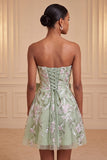 Strapless Sage Green A-Line Embroidered Pearl Party Dress with Bow