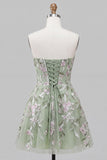 Strapless Sage Green A-Line Embroidered Pearl Party Dress with Bow