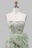 Strapless Sage Green A-Line Embroidered Pearl Party Dress with Bow