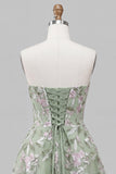 Strapless Sage Green A-Line Embroidered Pearl Party Dress with Bow