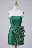 Dark Green Strapless Bodycon Pearls Mini Cocktail Dress with Bow