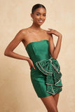 Dark Green Strapless Bodycon Pearls Mini Cocktail Dress with Bow