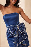 Dark Green Strapless Bodycon Pearls Mini Cocktail Dress with Bow
