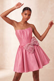 Strapless Navy A-Line Corset Lace Up Back Cocktail Dress with Bow